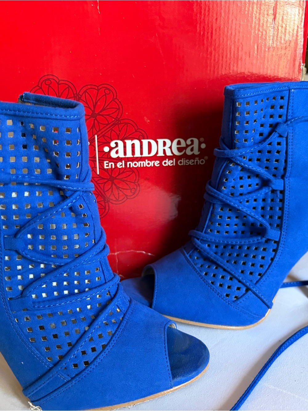 ANDREA FENZI Cobalt Blue Peep-Toe Laser-Cut Lace-Up Heeled Booties